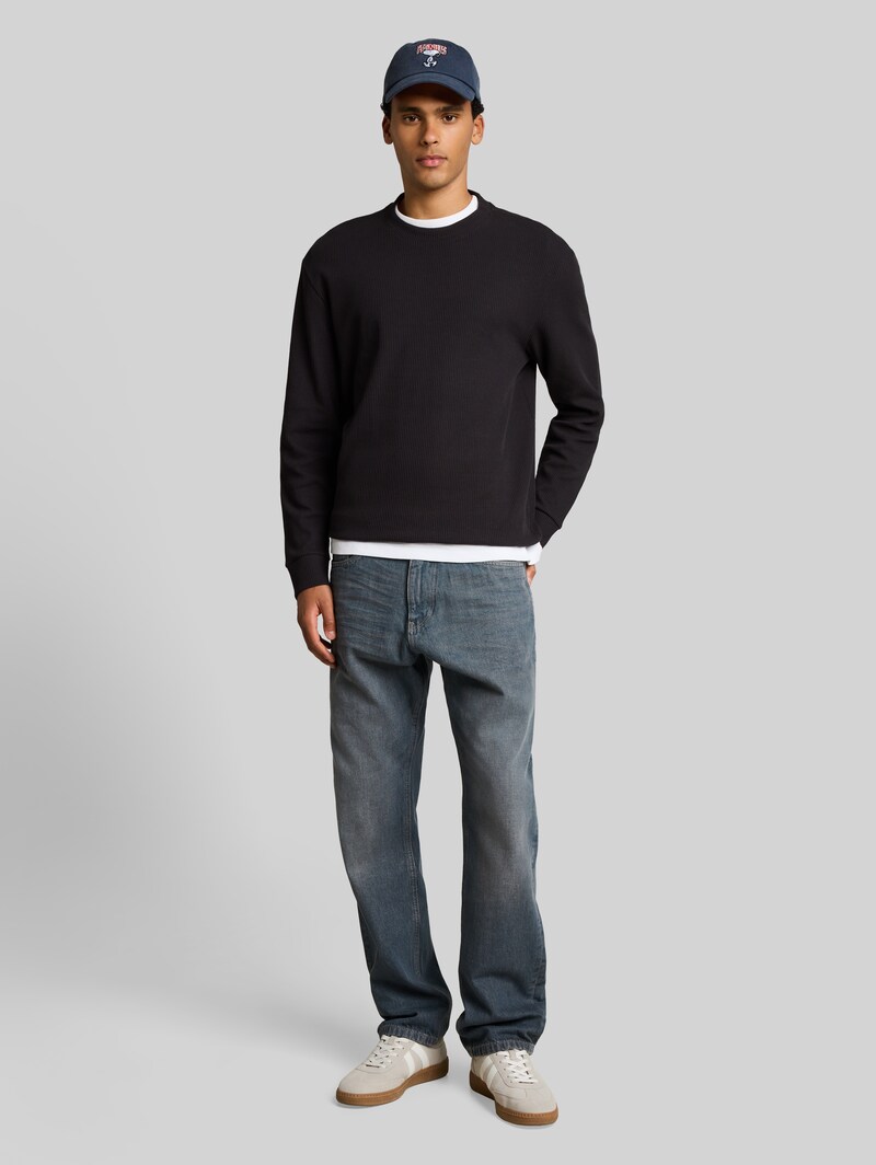 Tom Tailor Relaxed Fit Langarmshirt mit Rippstruktur - Coal Grey
