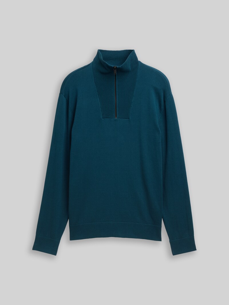 Tom Tailor Troyer Strickpullover aus Baumwolle - Deep Pond Green