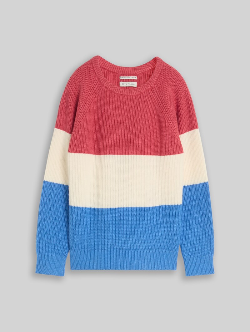 Tom Tailor Strickpullover mit Rundhalsausschnitt - Soft Blue And Red Block Stripe