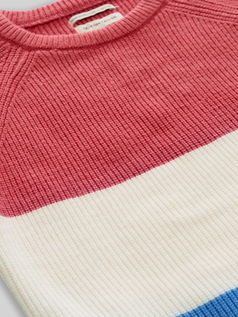 Tom Tailor Strickpullover mit Rundhalsausschnitt - Soft Blue And Red Block Stripe
