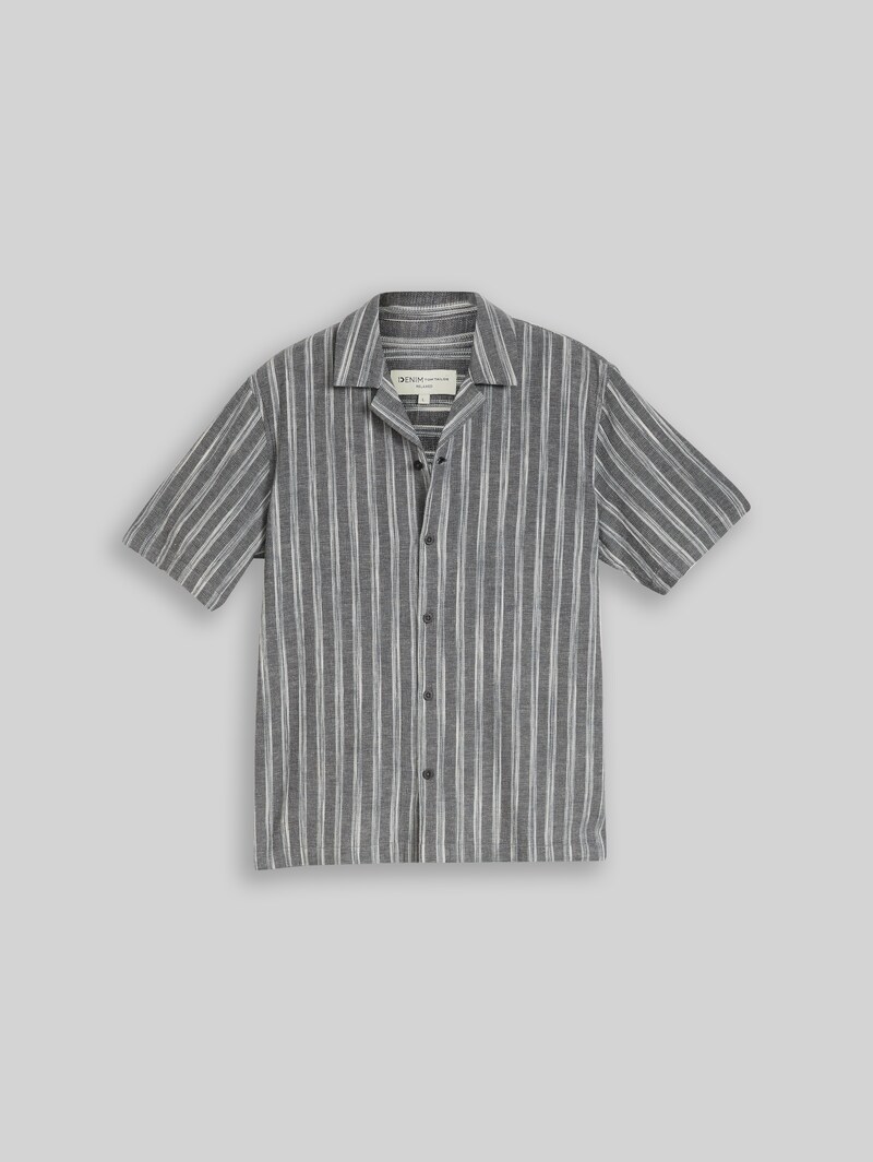 Tom Tailor Relaxed Fit Resort Hemd mit Leinenanteil - Black Greyish Stripe