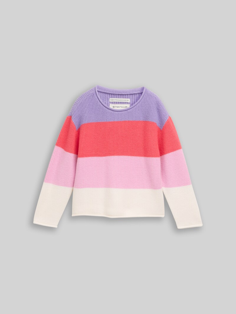 Tom Tailor Strickpullover mit gerollten Saumkanten - Coral And Purple Block Stripe
