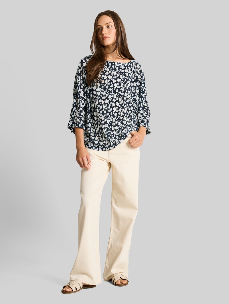 Tom Tailor Crinkle T-Shirt mit Fledermausärmeln - Blue Ginkgo Minimal