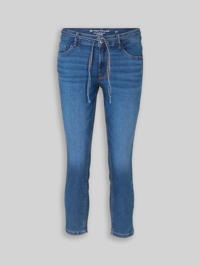 Tom Tailor TTLENE SLIM CROPPED Stretch Jeans mit Bindegürtel - Clean Mid Stone Blue Denim
