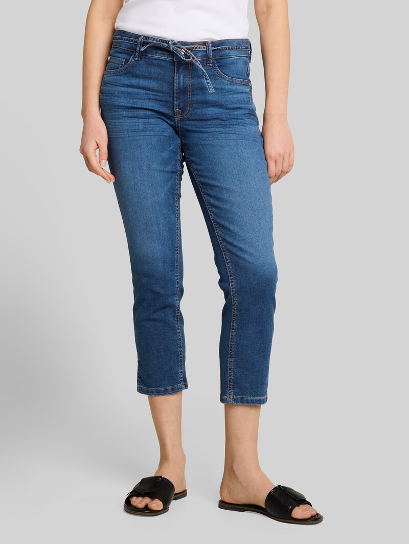 Tom Tailor TTLENE SLIM CROPPED Stretch Jeans mit Bindegürtel - Clean Mid Stone Blue Denim