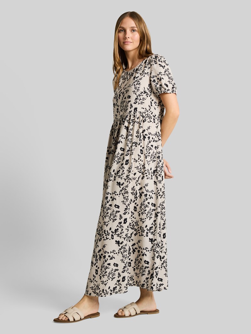 Tom Tailor Midi-Kleid mit Leinenanteil - Beige Black Flower Print