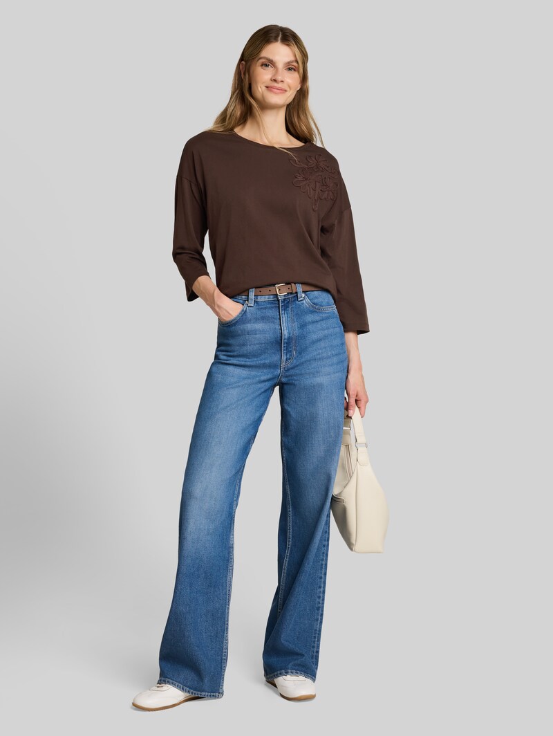 Tom Tailor Loose Fit T-Shirt mit Blumen-Applikation - Java Dark Brown