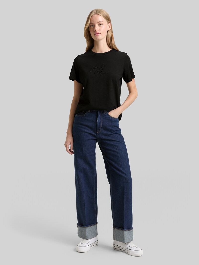 Tom Tailor Loose Fit T-Shirt mit Glitzer-Stickerei - Deep Black