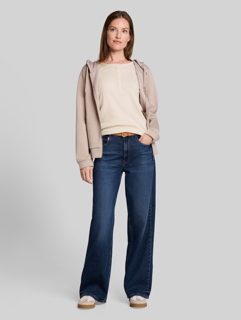 Tom Tailor Henley Langarmshirt mit Rippstruktur - White Gravel Beige Stripe