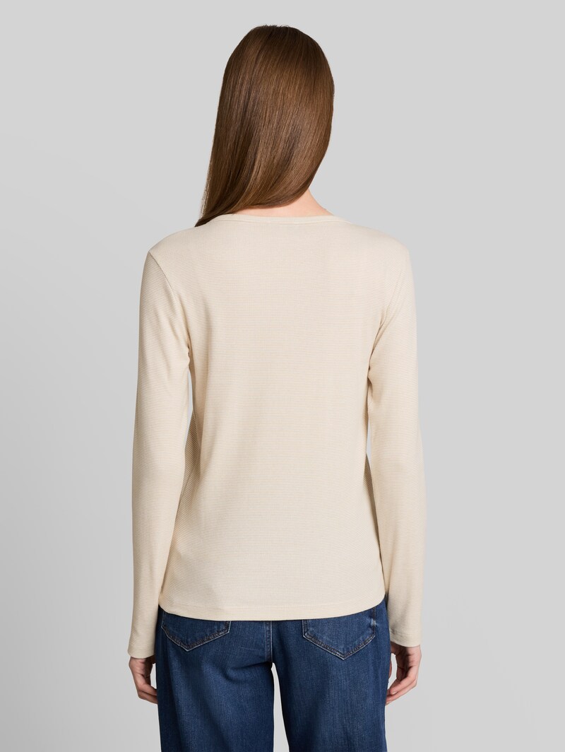 Tom Tailor Henley Langarmshirt mit Rippstruktur - White Gravel Beige Stripe