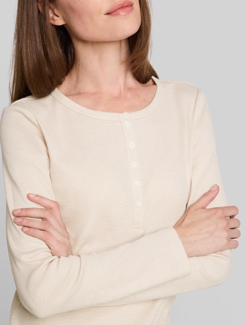 Tom Tailor Henley Langarmshirt mit Rippstruktur - White Gravel Beige Stripe