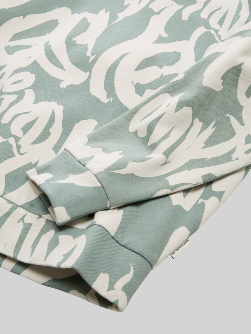 Tom Tailor Oversize Sweatshirt mit Allover-Print - Leaf Green Big Wording Design