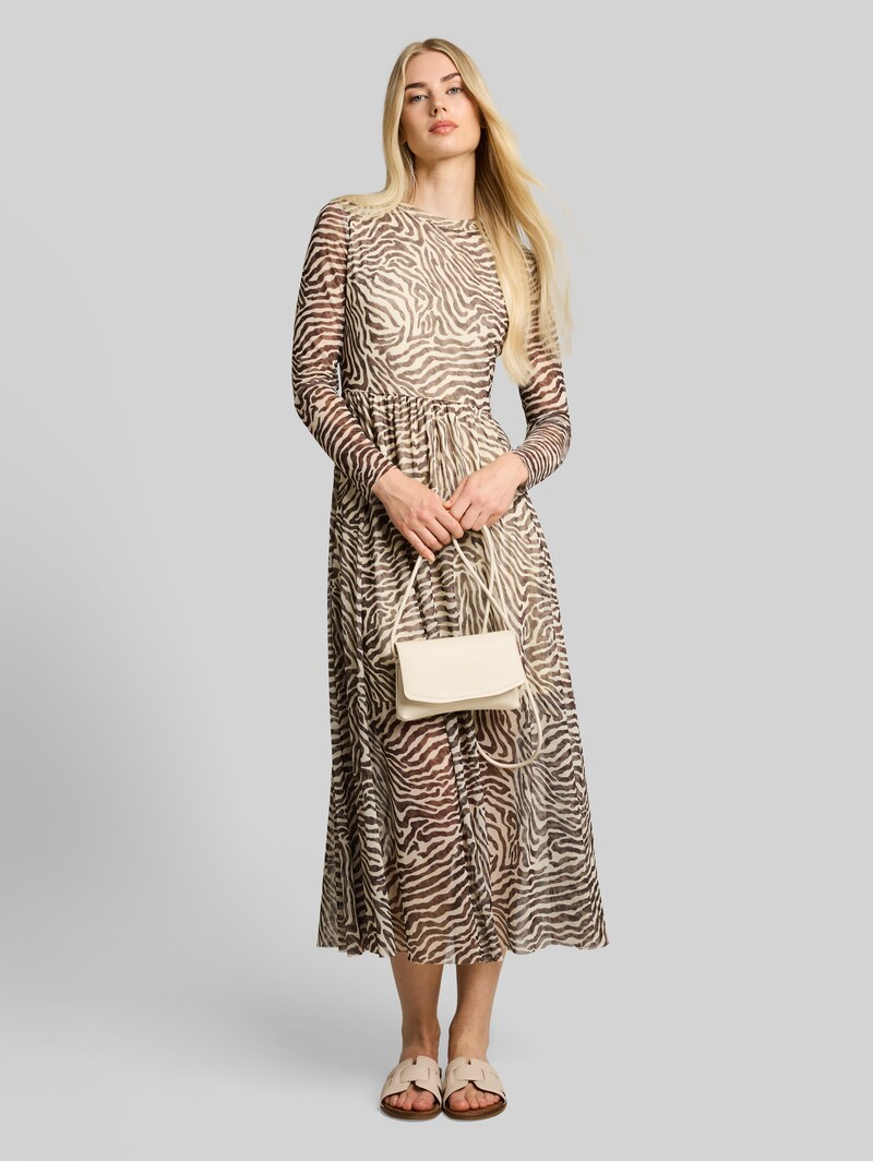 Tom Tailor Fitted Mesh Midi-Kleid mit Animal-Print - Brown Beige Zebra Print
