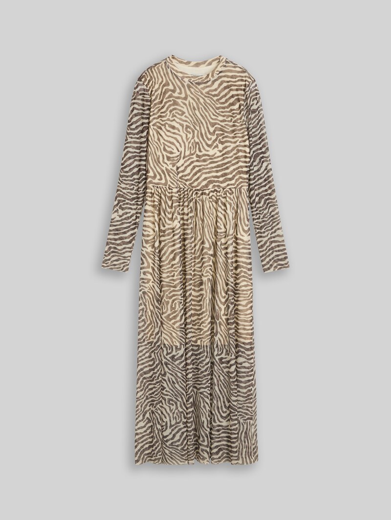 Tom Tailor Fitted Mesh Midi-Kleid mit Animal-Print - Brown Beige Zebra Print