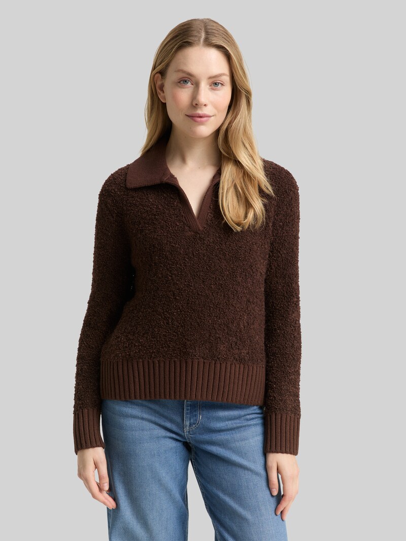 Tom Tailor Bouclé Strickpullover mit Kragen - Dark Pecan Brown Melange Tom Tailor Bouclé Strickpullover mit Kragen - Dark Pecan Brown Melange