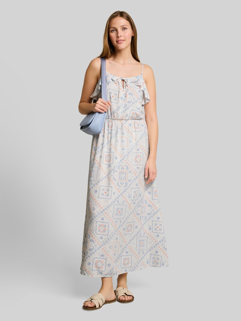 Tom Tailor Midi-Kleid mit Leinenanteil - White Blue Coral Paisley Print