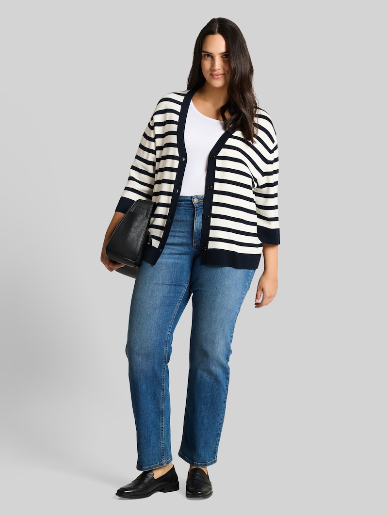 Tom Tailor Plus Size - Loose Fit Cardigan mit Streifenmuster - White Sky Blue Knit Stripe
