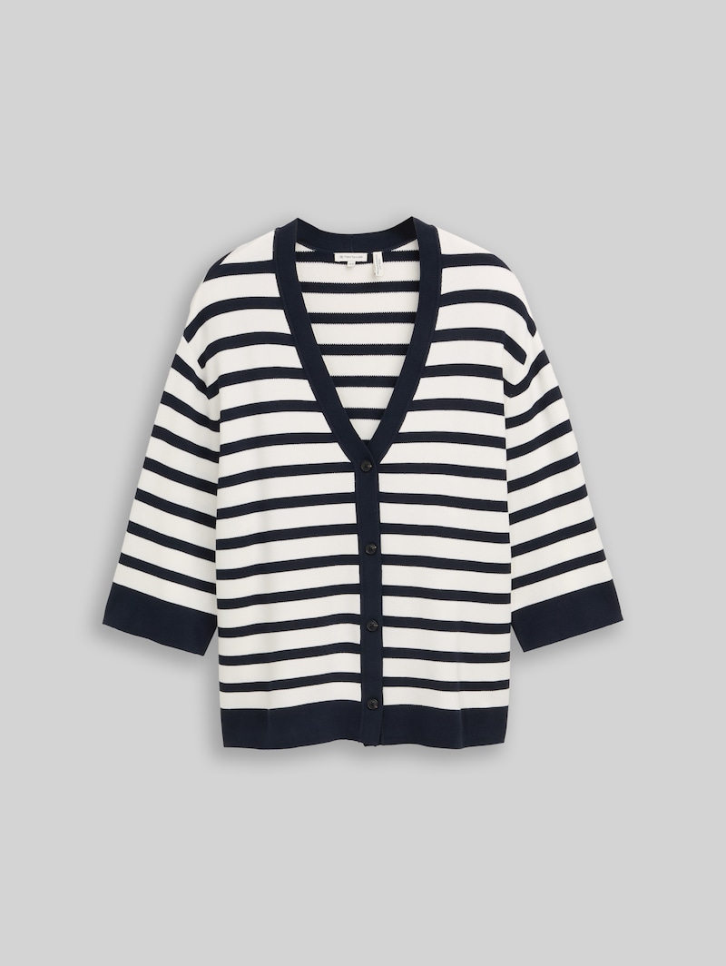 Tom Tailor Plus Size - Loose Fit Cardigan mit Streifenmuster - White Sky Blue Knit Stripe