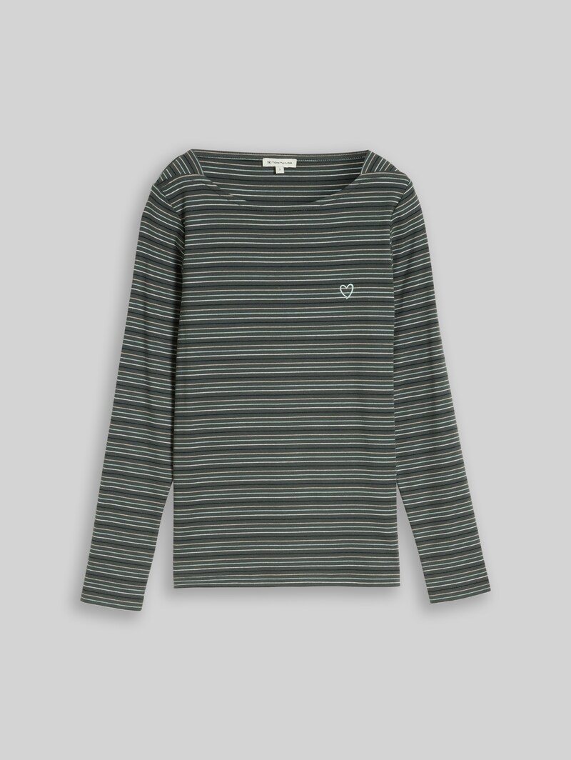 Tom Tailor Langarmshirt mit Herz-Stickerei - Green Dusty Light Green Stripe