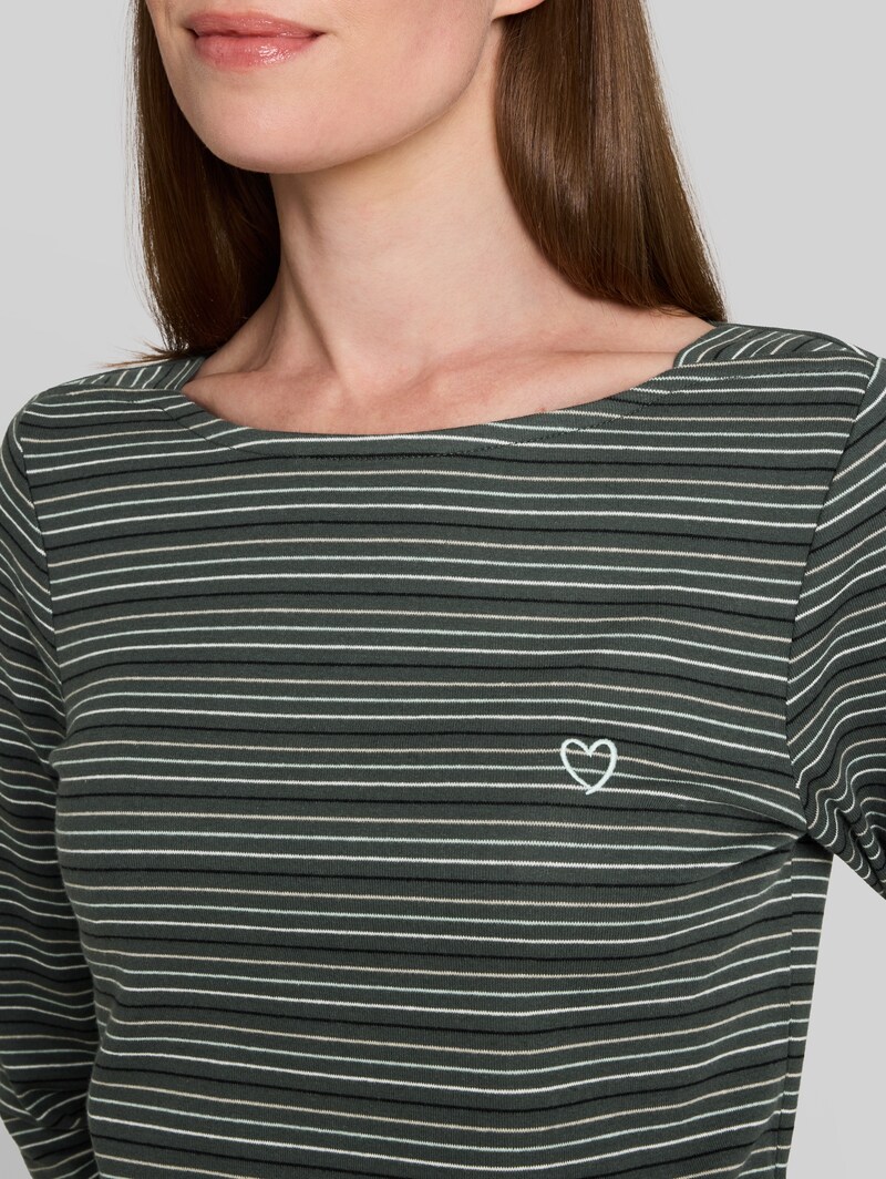 Tom Tailor Langarmshirt mit Herz-Stickerei - Green Dusty Light Green Stripe