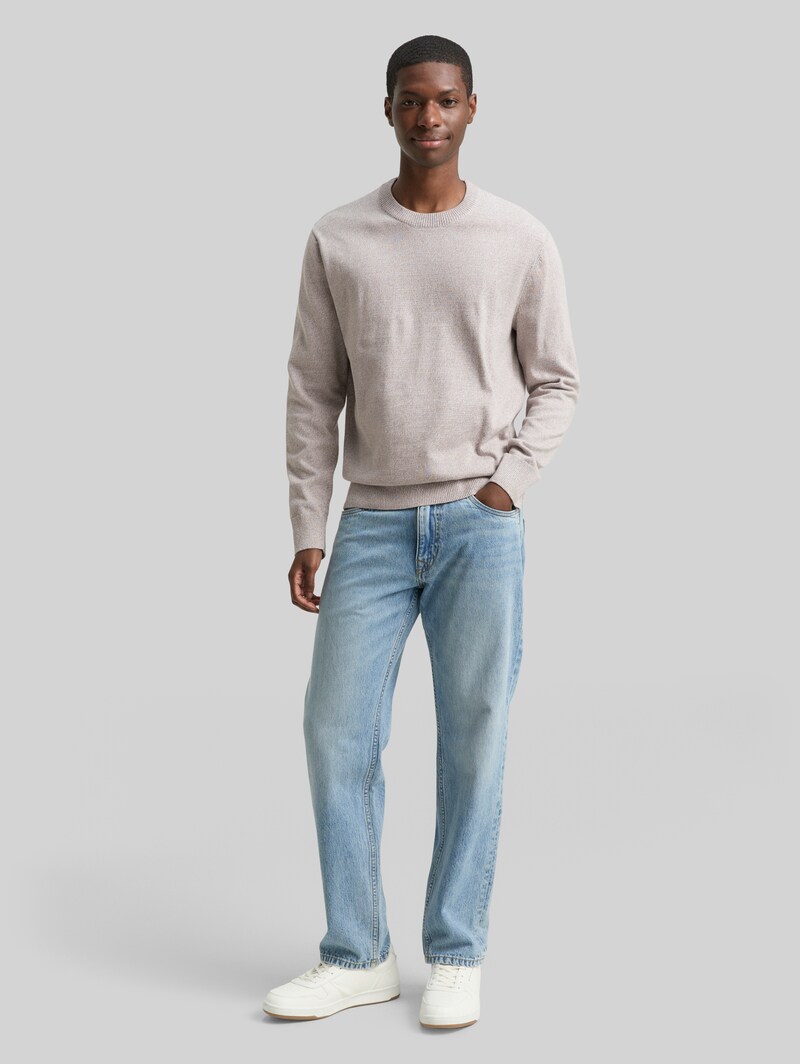 Tom Tailor Basic Strickpullover aus Baumwolle - Greyish Brown White Mouline