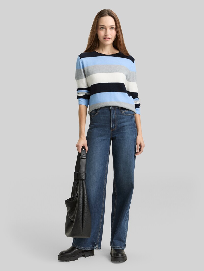 Tom Tailor Strickpullover mit Rundhalsausschnitt - Fjord Blue Grey Stripe