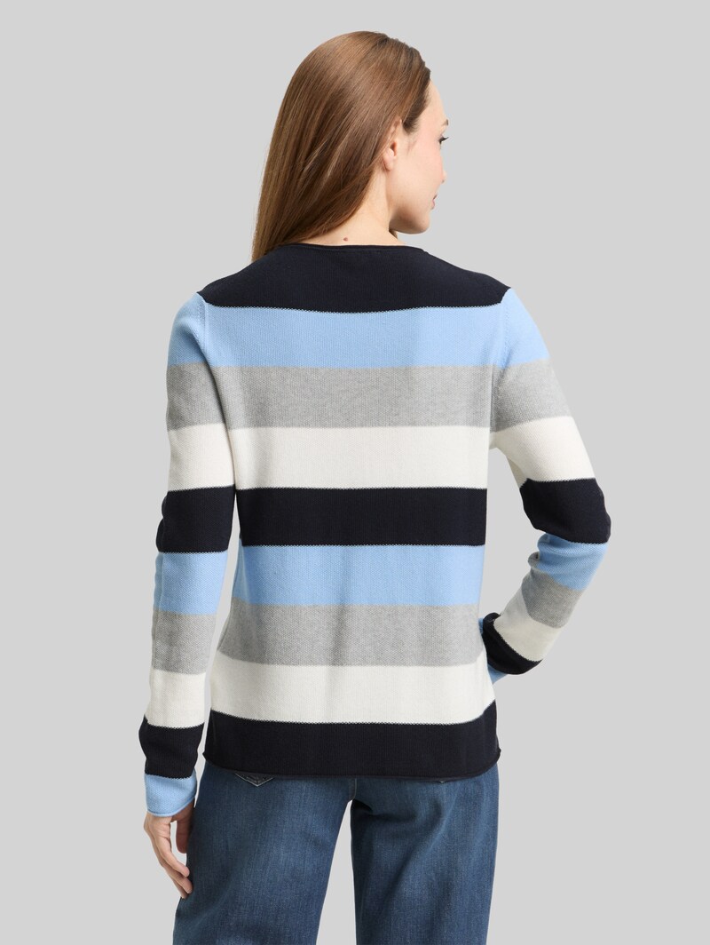 Tom Tailor Strickpullover mit Rundhalsausschnitt - Fjord Blue Grey Stripe