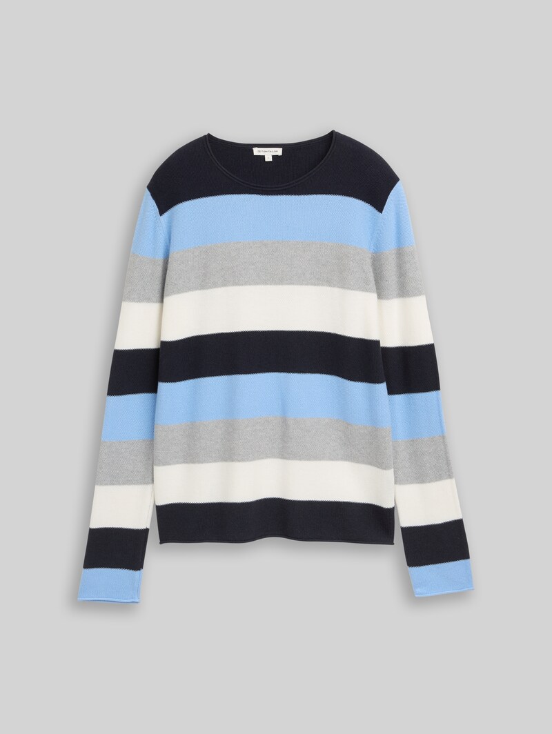 Tom Tailor Strickpullover mit Rundhalsausschnitt - Fjord Blue Grey Stripe