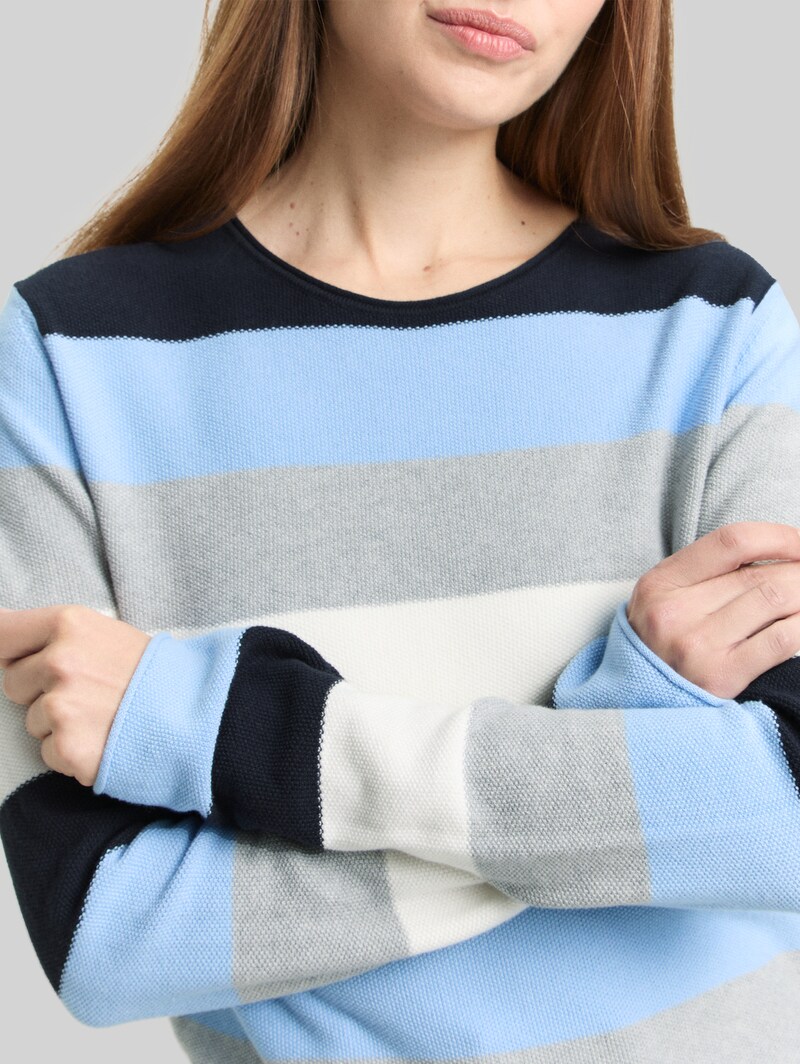 Tom Tailor Strickpullover mit Rundhalsausschnitt - Fjord Blue Grey Stripe