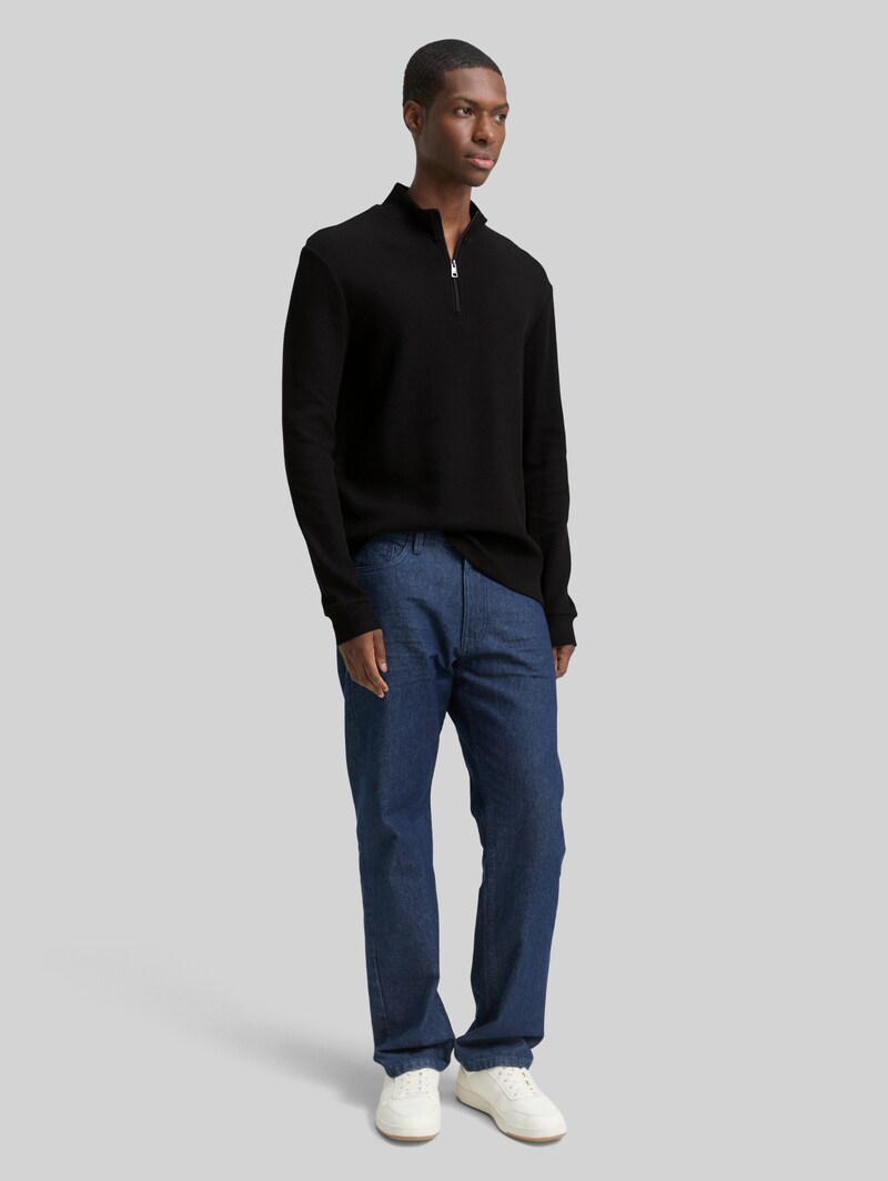 Tom Tailor Troyer Langarmshirt mit Rippstruktur - Black