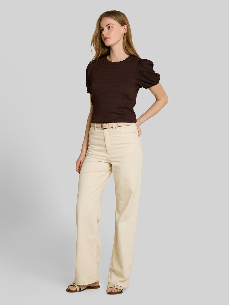 Tom Tailor Crinkle T-Shirt mit Ballonärmeln - Cool Dark Brown