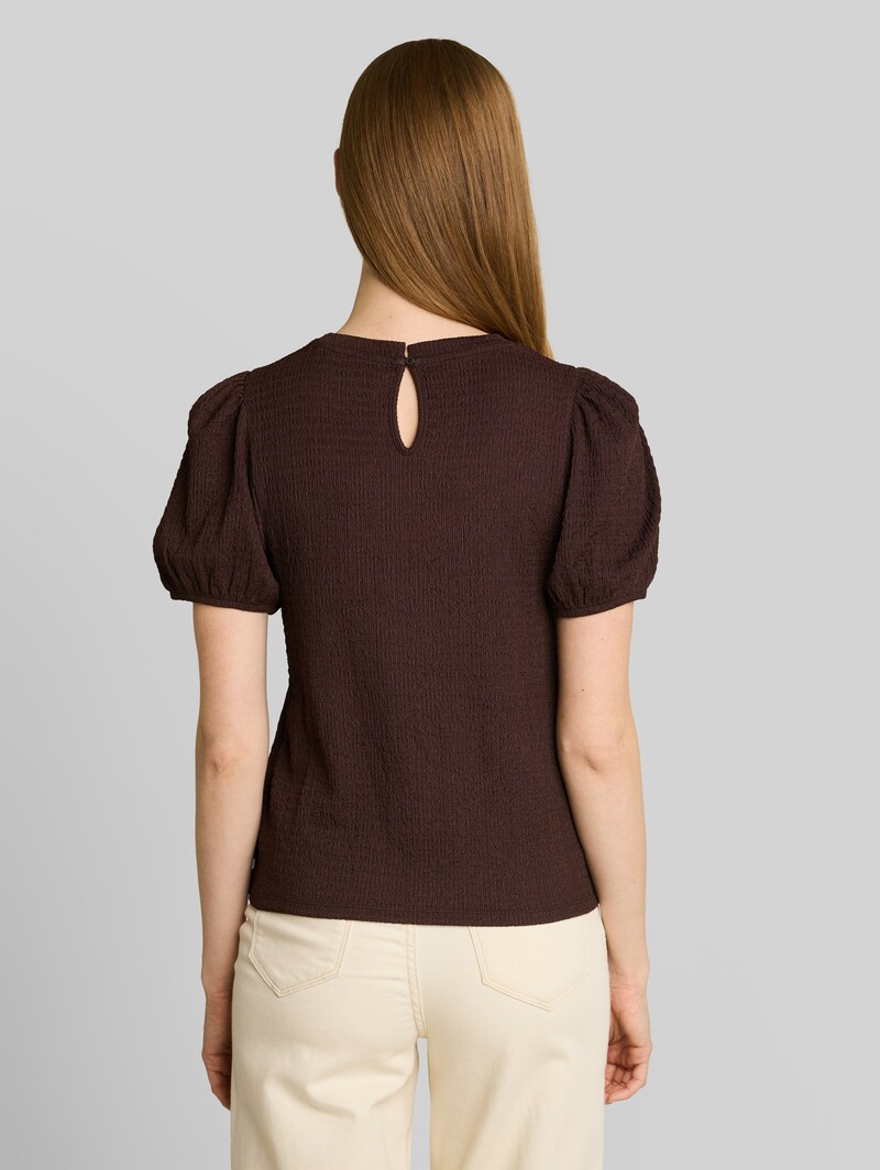 Tom Tailor Crinkle T-Shirt mit Ballonärmeln - Cool Dark Brown