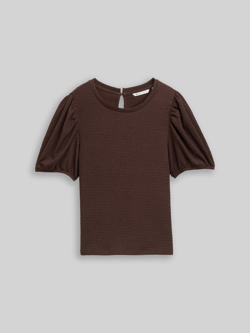 Tom Tailor Crinkle T-Shirt mit Ballonärmeln - Cool Dark Brown