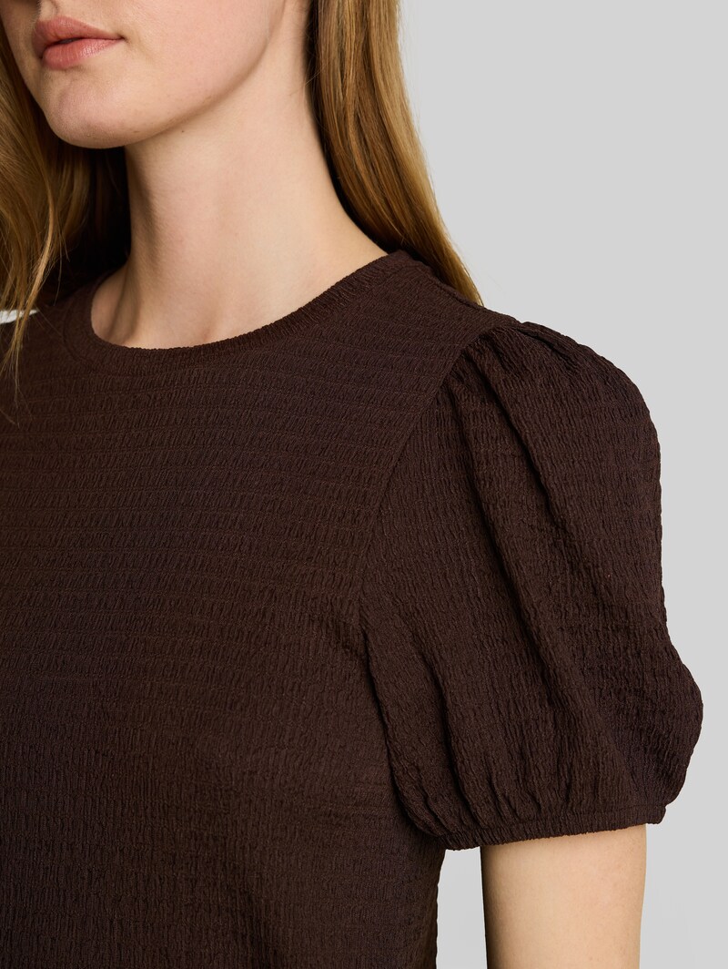 Tom Tailor Crinkle T-Shirt mit Ballonärmeln - Cool Dark Brown