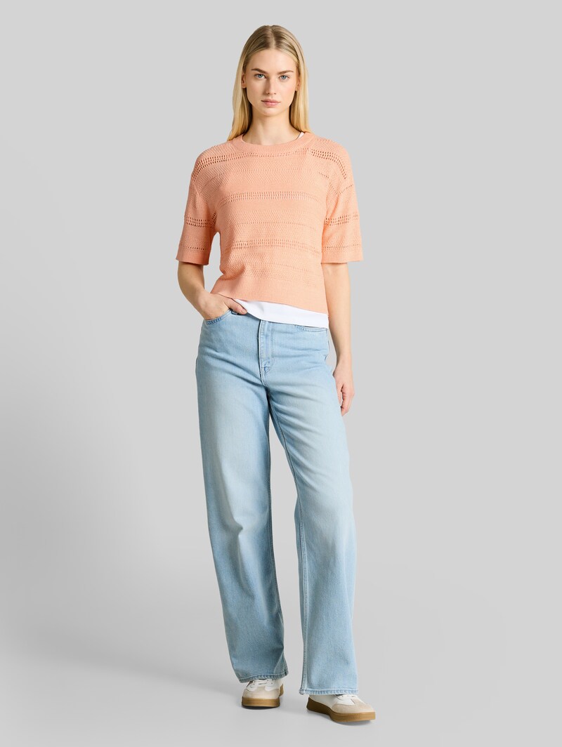 Tom Tailor Relaxed Fit Strickpullover mit Lochmuster - Orange Parfait