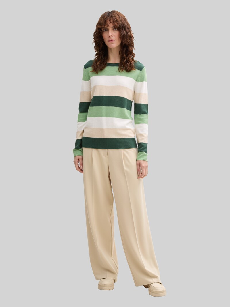Tom Tailor Strickpullover mit Rundhalsausschnitt - Green Beige Block Stripe