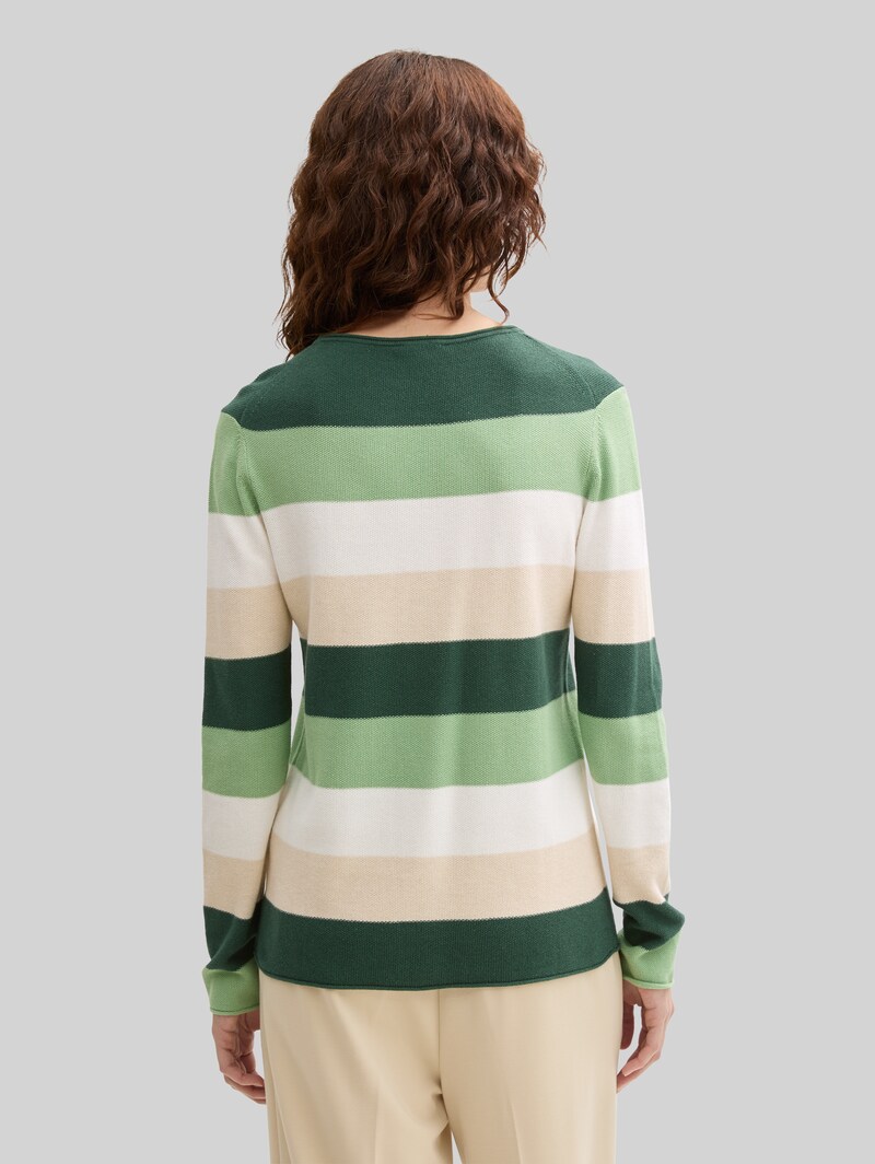 Tom Tailor Strickpullover mit Rundhalsausschnitt - Green Beige Block Stripe