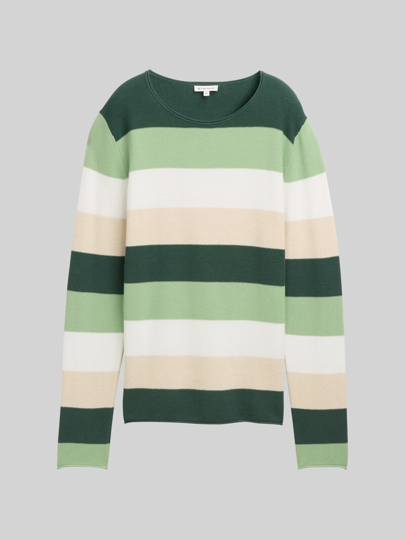 Tom Tailor Strickpullover mit Rundhalsausschnitt - Green Beige Block Stripe