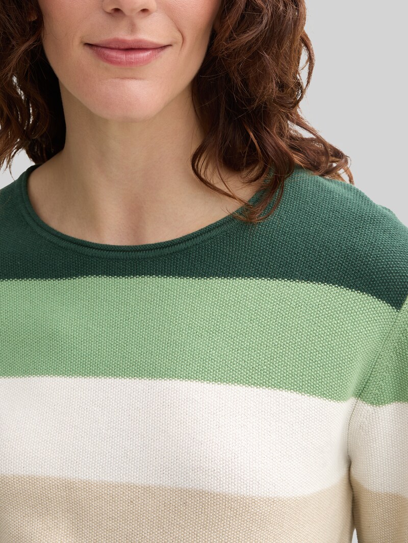 Tom Tailor Strickpullover mit Rundhalsausschnitt - Green Beige Block Stripe