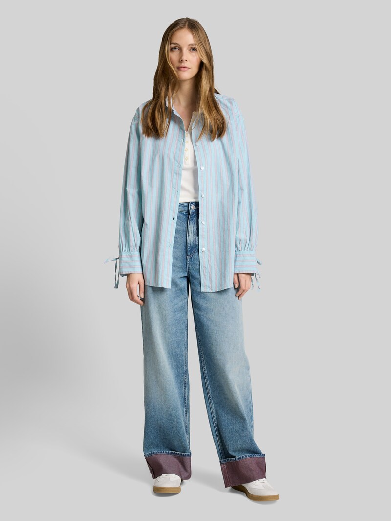 Tom Tailor Oversize Hemdbluse mit Streifenmuster - Blue White Brown Stripe