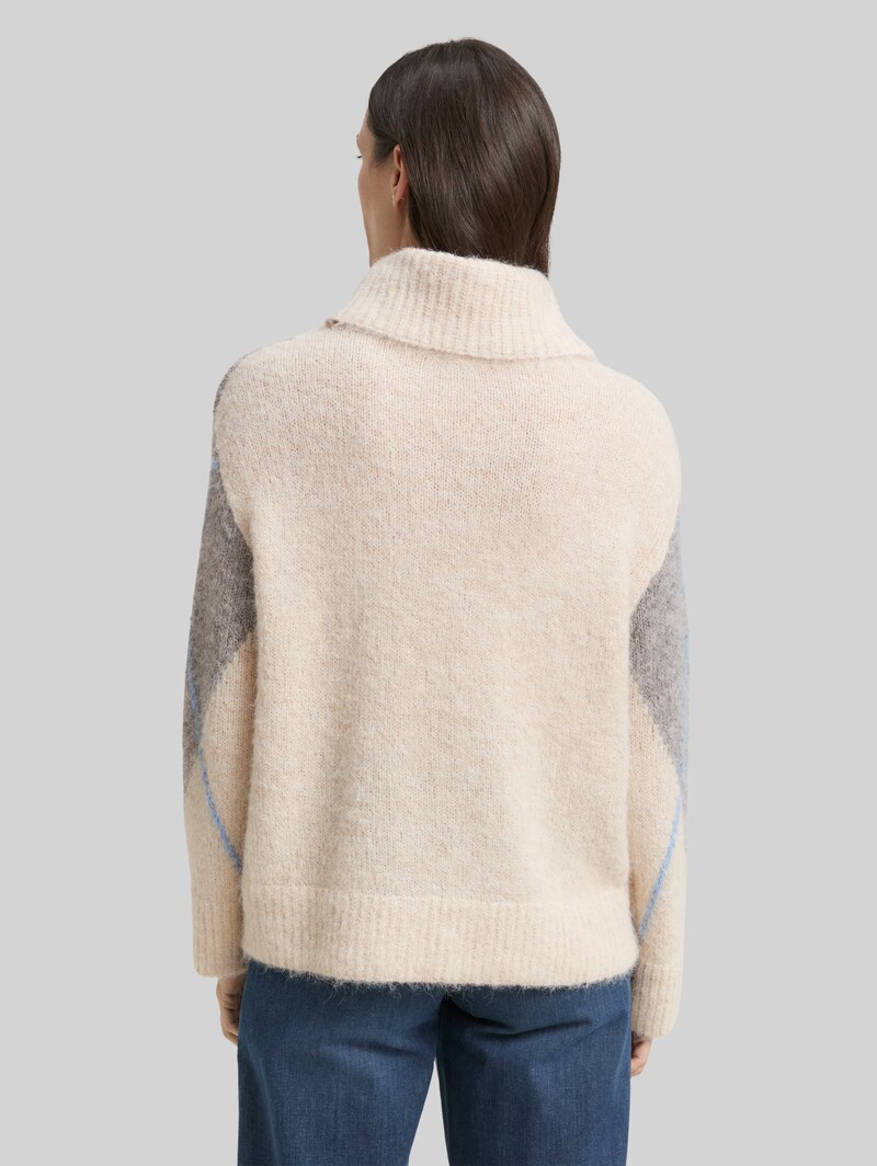 Tom Tailor Oversize Rollkragenpullover mit Wollanteil - Beige Grey Argyle Knit Design