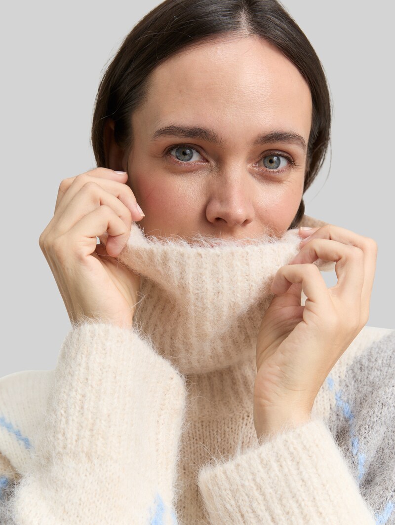 Tom Tailor Oversize Rollkragenpullover mit Wollanteil - Beige Grey Argyle Knit Design