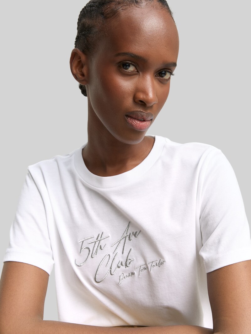 Tom Tailor Loose Fit T-Shirt mit Glitzer-Stickerei - White