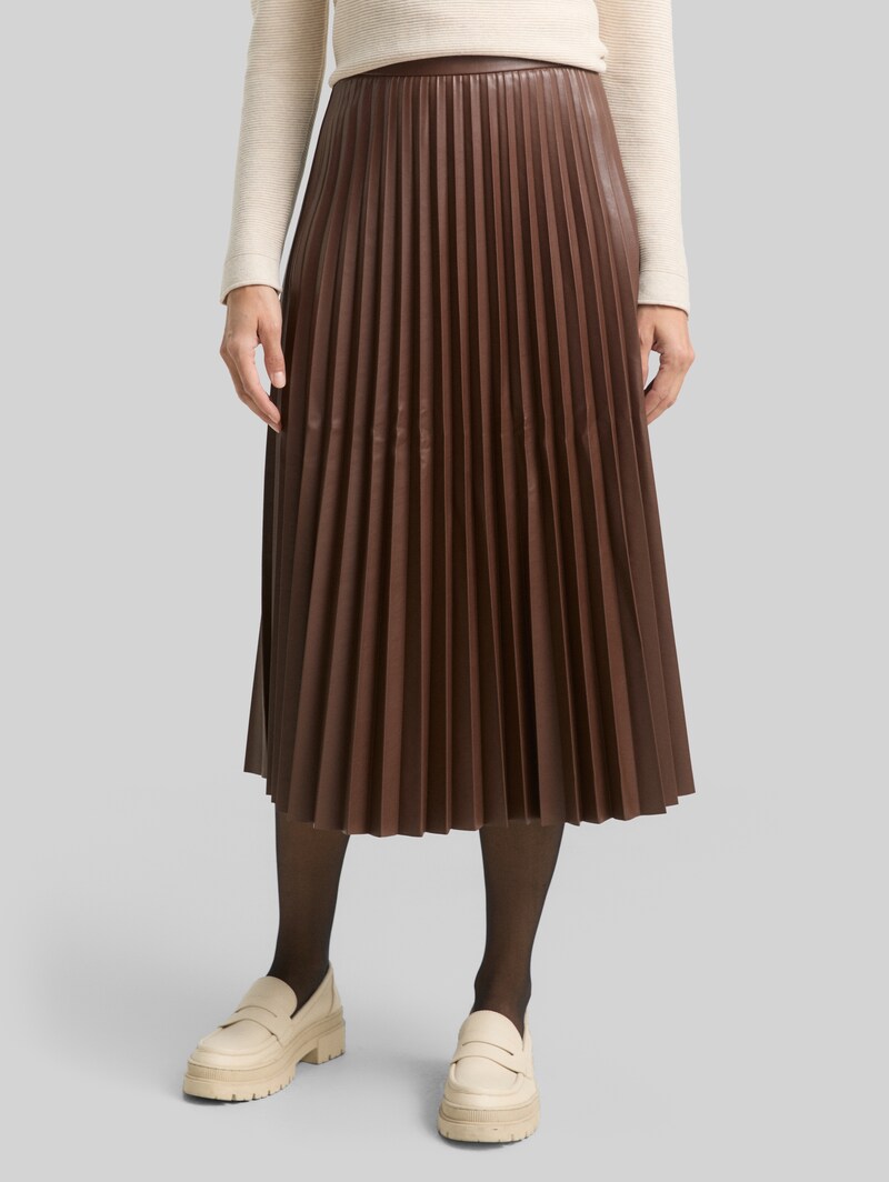 Tom Tailor Plissee Midi-Rock in Lederoptik - Dark Pecan Brown