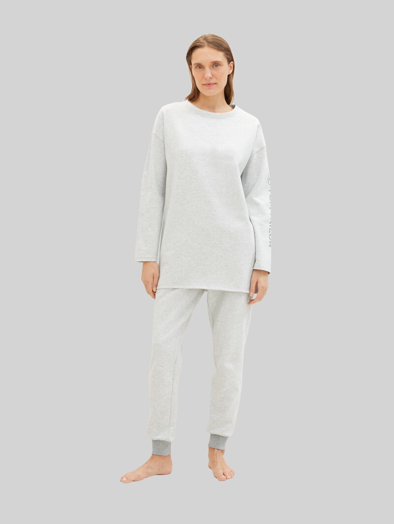 Tom Tailor Loungewear oversized Langarmshirt mit Logo-Print - Weiß-mittel-melange