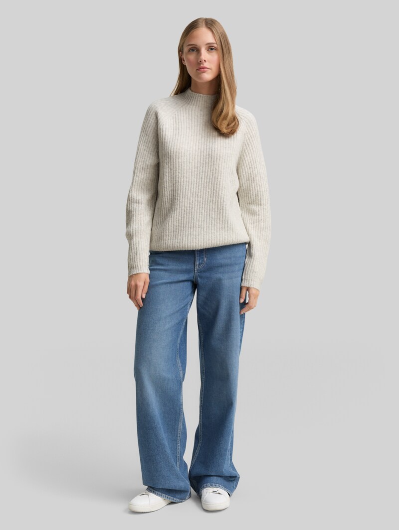 Tom Tailor Relaxed Fit Strickpullover mit Stehkragen - Marble Beige Melange