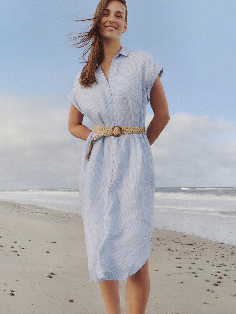 Tom Tailor Loose Fit Midi-Kleid mit Gürtel - Fjord Blue Irregular Stripe