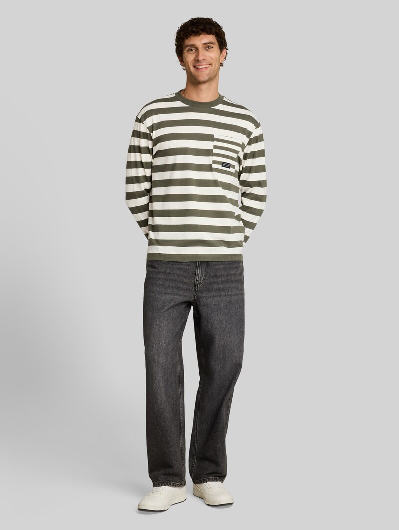 Tom Tailor Relaxed Fit Langarmshirt mit Streifenmuster - Olive Green Gardenia Stripe