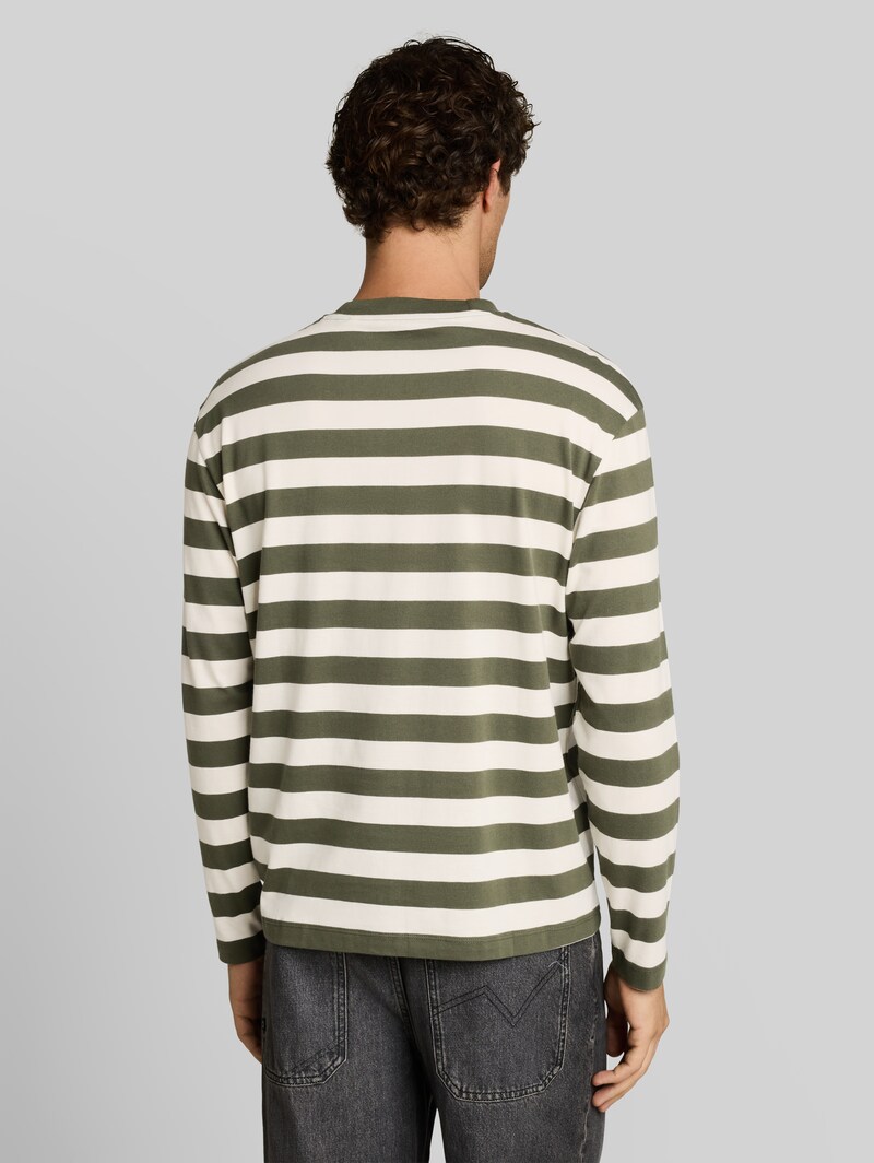 Tom Tailor Relaxed Fit Langarmshirt mit Streifenmuster - Olive Green Gardenia Stripe