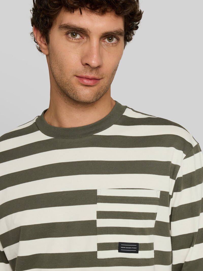 Tom Tailor Relaxed Fit Langarmshirt mit Streifenmuster - Olive Green Gardenia Stripe